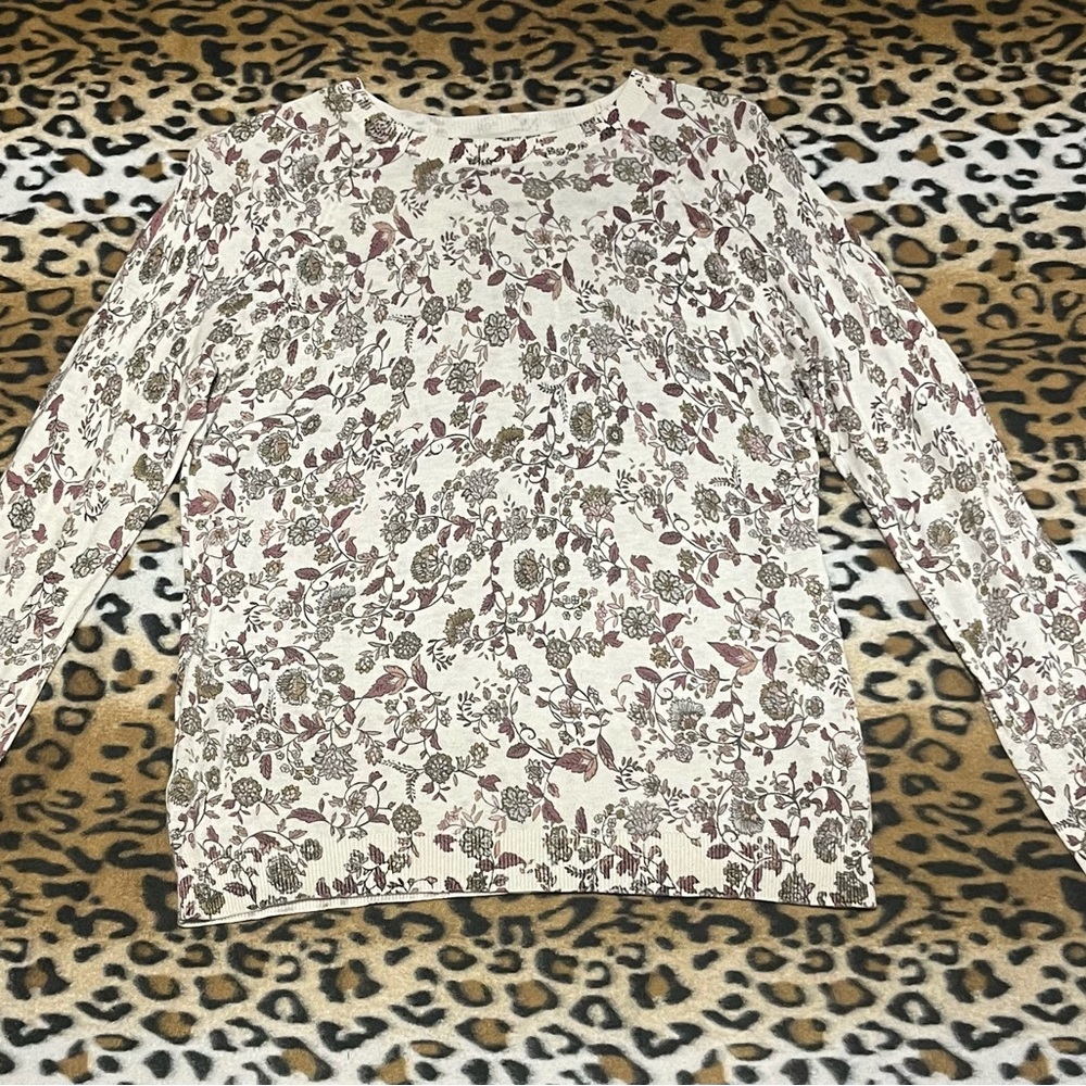 LOFT Cream and Brown Floral Long Sleeve Top